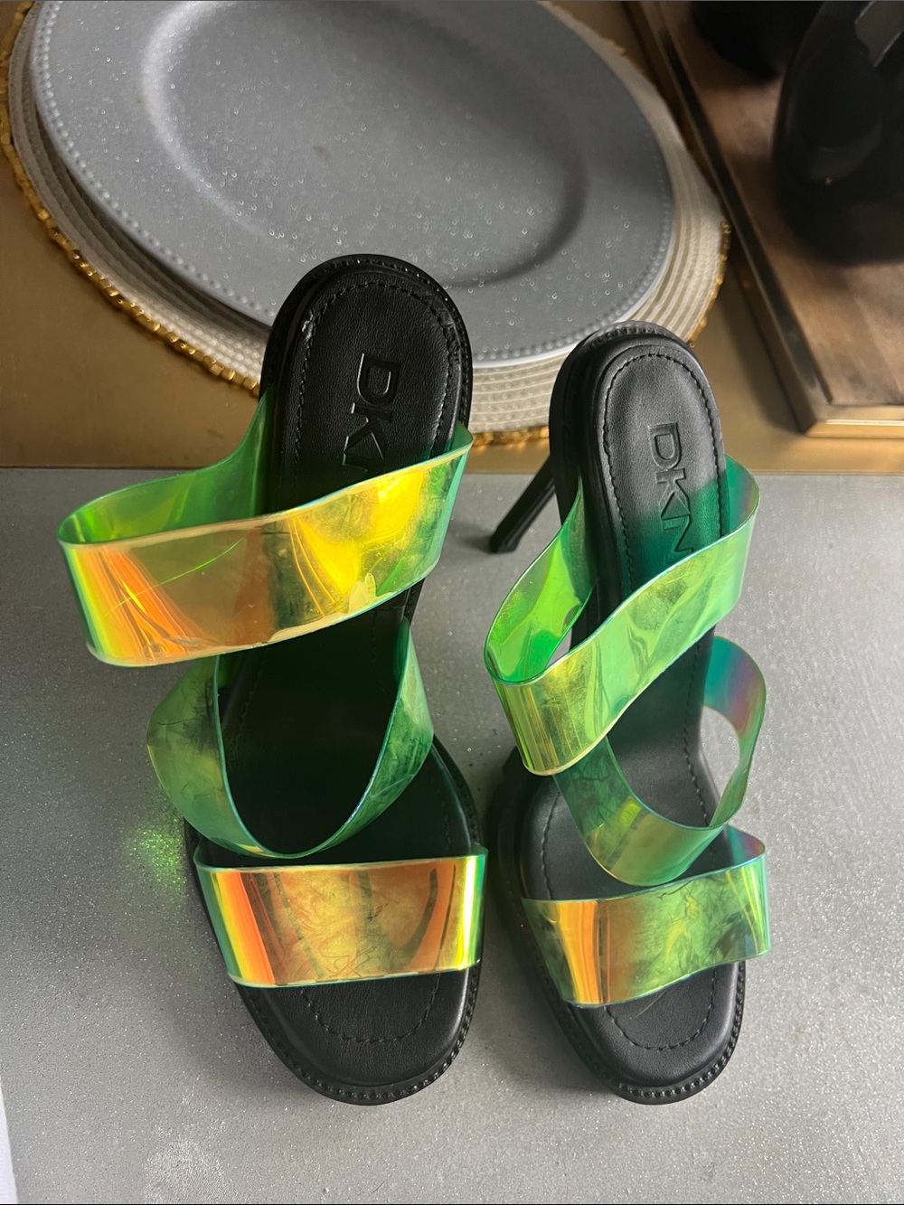 DKNY Iridescent Green Holographic Strap Heeled Sandals